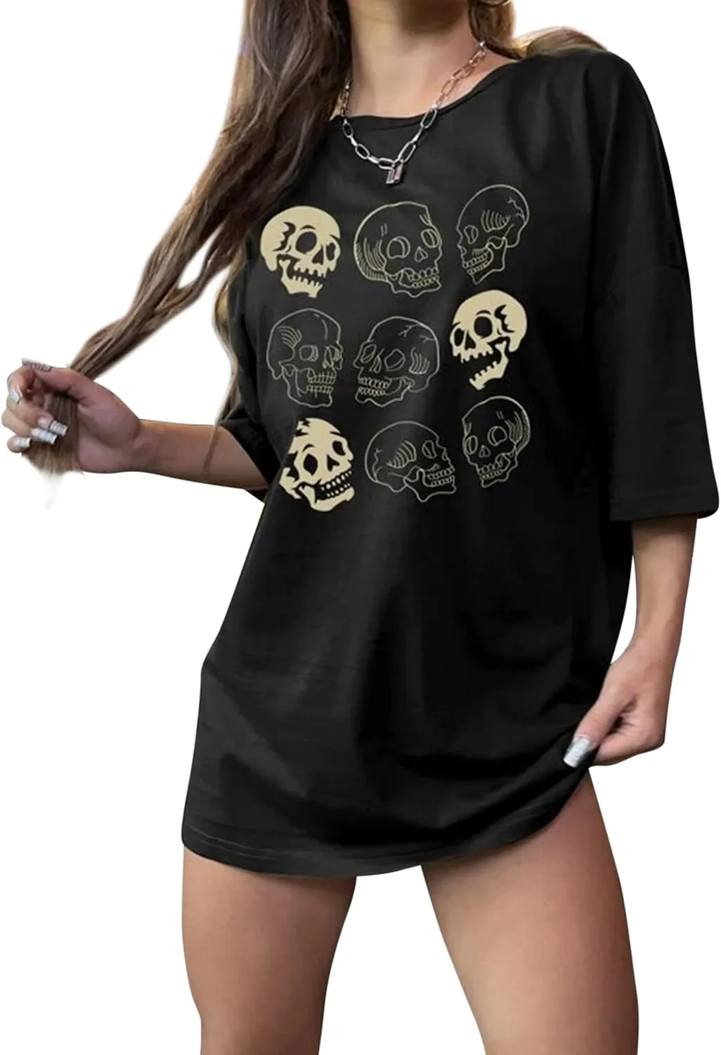 Lauweion Women’s Skull Print Drop Shoulder Tee Oversized Graphic T-Shirt Teen Girls Baggy Trendy Funny Shirt