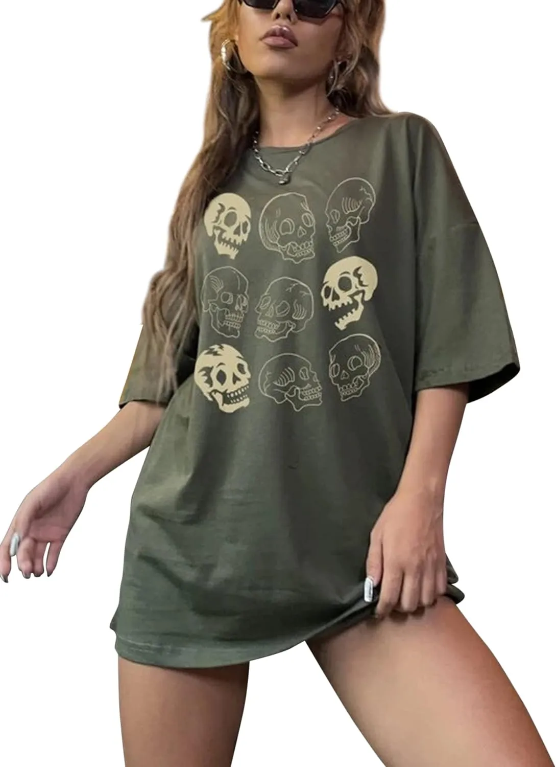 Lauweion Women’s Skull Print Drop Shoulder Tee Oversized Graphic T-Shirt Teen Girls Baggy Trendy Funny Shirt
