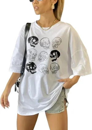 Lauweion Women’s Skull Print Drop Shoulder Tee Oversized Graphic T-Shirt Teen Girls Baggy Trendy Funny Shirt