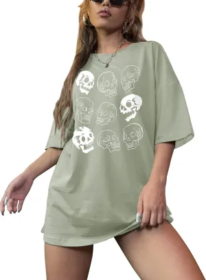 Lauweion Women’s Skull Print Drop Shoulder Tee Oversized Graphic T-Shirt Teen Girls Baggy Trendy Funny Shirt