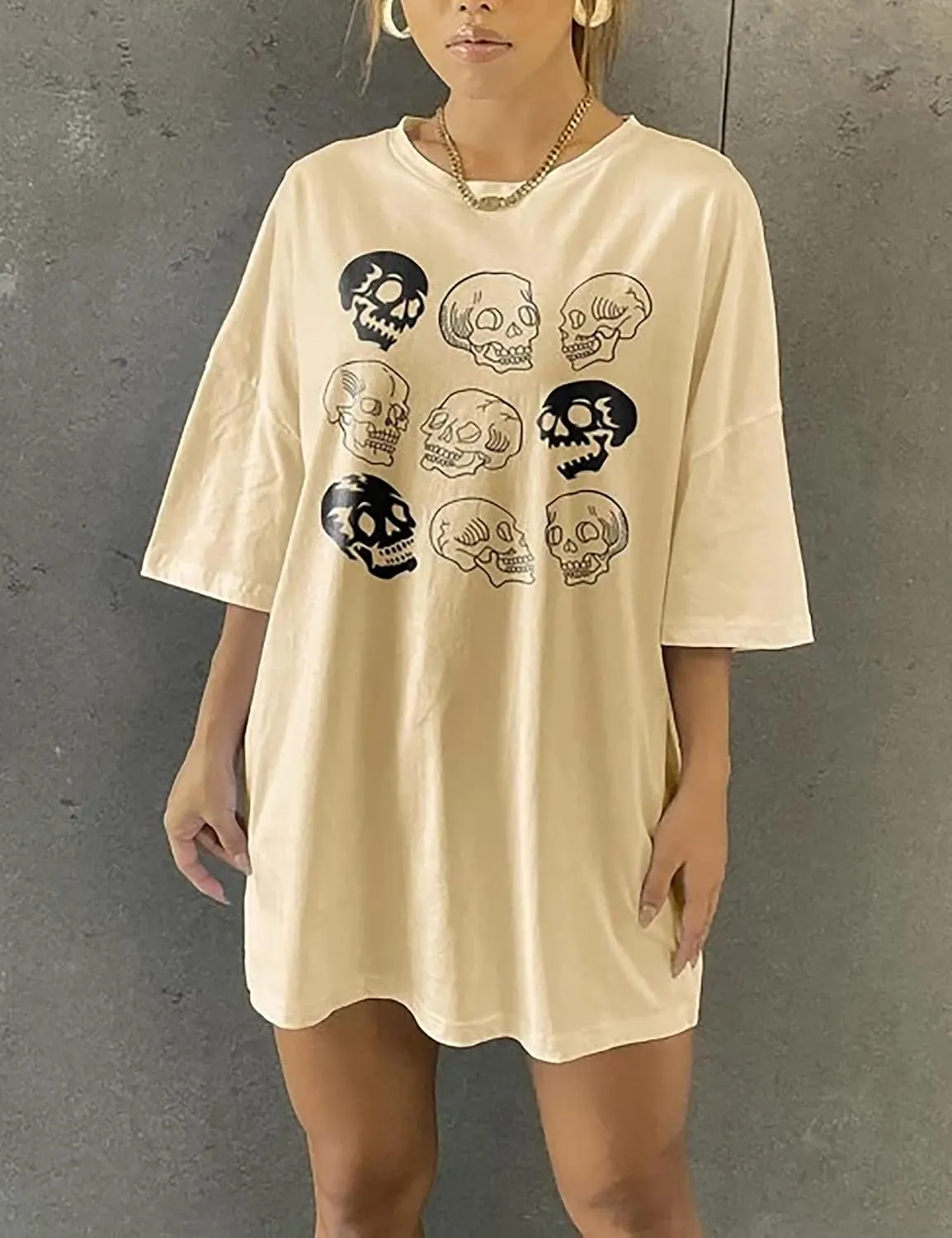 Lauweion Women’s Skull Print Drop Shoulder Tee Oversized Graphic T-Shirt Teen Girls Baggy Trendy Funny Shirt