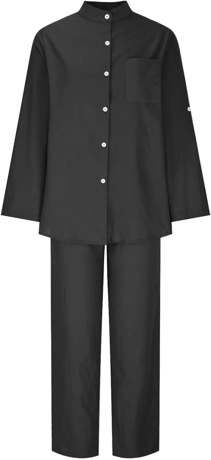 Linen Set for Women 2 Piece Outfits Casual Pants Sets Plus Size Track Suits Solid Color Lounge Wear with Pockets
