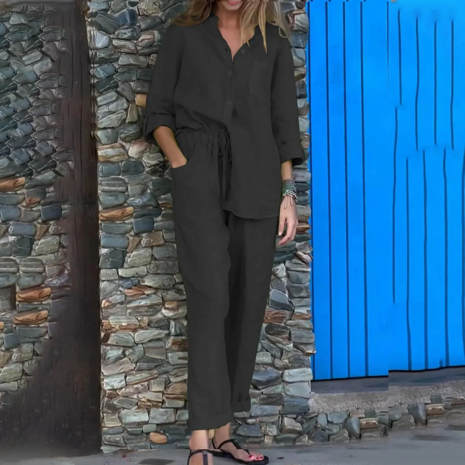 Linen Set for Women 2 Piece Outfits Casual Pants Sets Plus Size Track Suits Solid Color Lounge Wear with Pockets