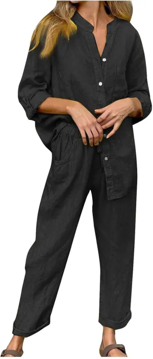 Linen Set for Women 2 Piece Outfits Casual Pants Sets Plus Size Track Suits Solid Color Lounge Wear with Pockets