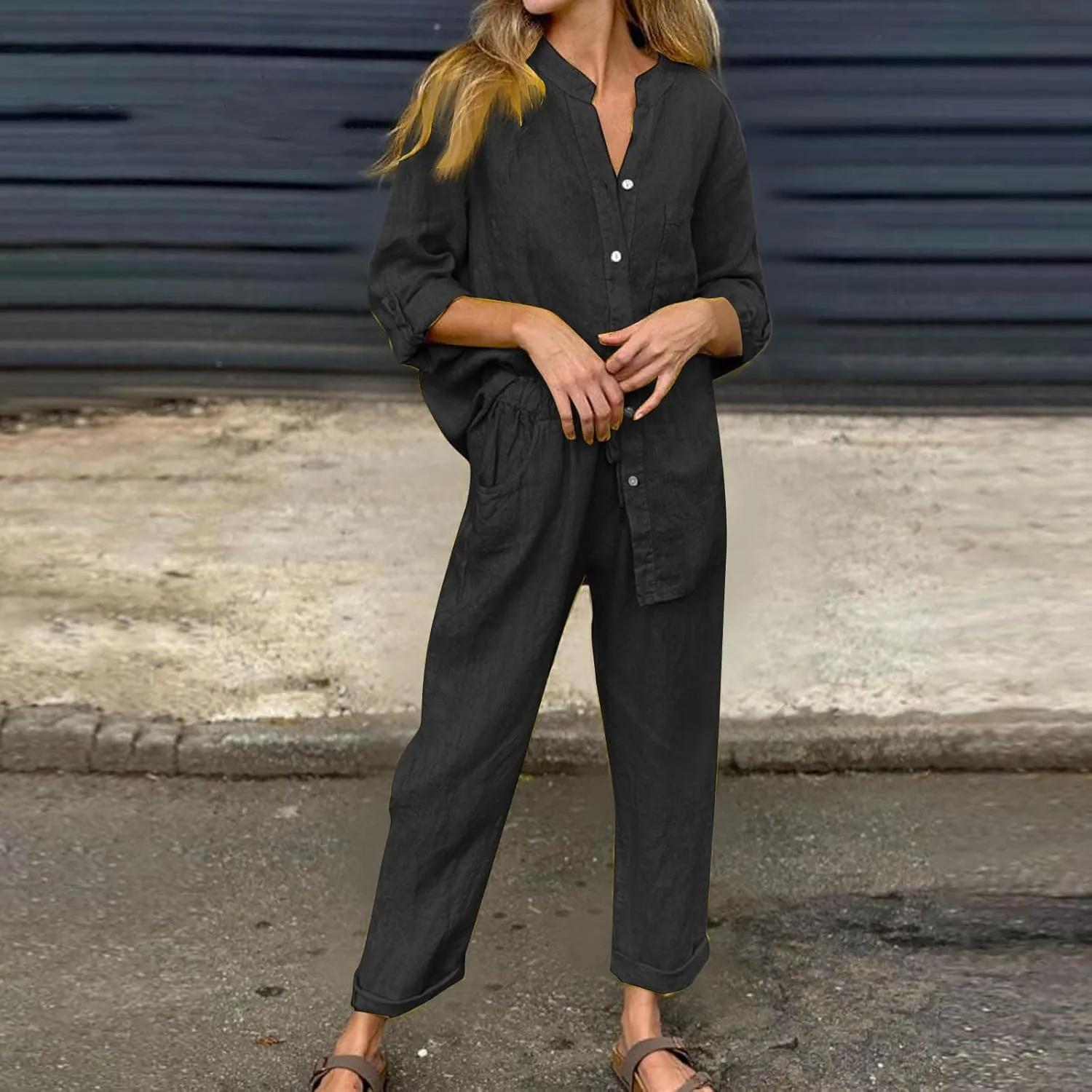 Linen Set for Women 2 Piece Outfits Casual Pants Sets Plus Size Track Suits Solid Color Lounge Wear with Pockets