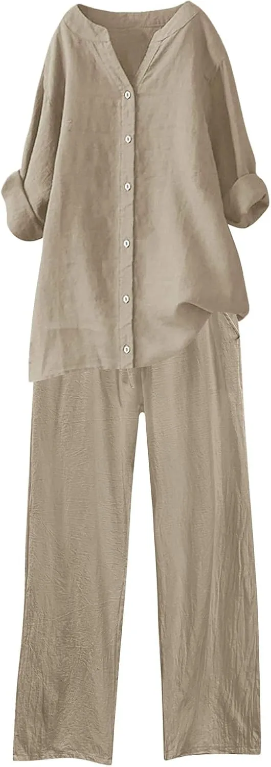 Linen Set for Women 2 Piece Trendy Summer Outfits Plus Size Short Sleeve Beach Tops Capri Pants Lounge Matching Sets