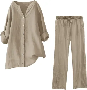 Linen Set for Women 2 Piece Trendy Summer Outfits Plus Size Short Sleeve Beach Tops Capri Pants Lounge Matching Sets