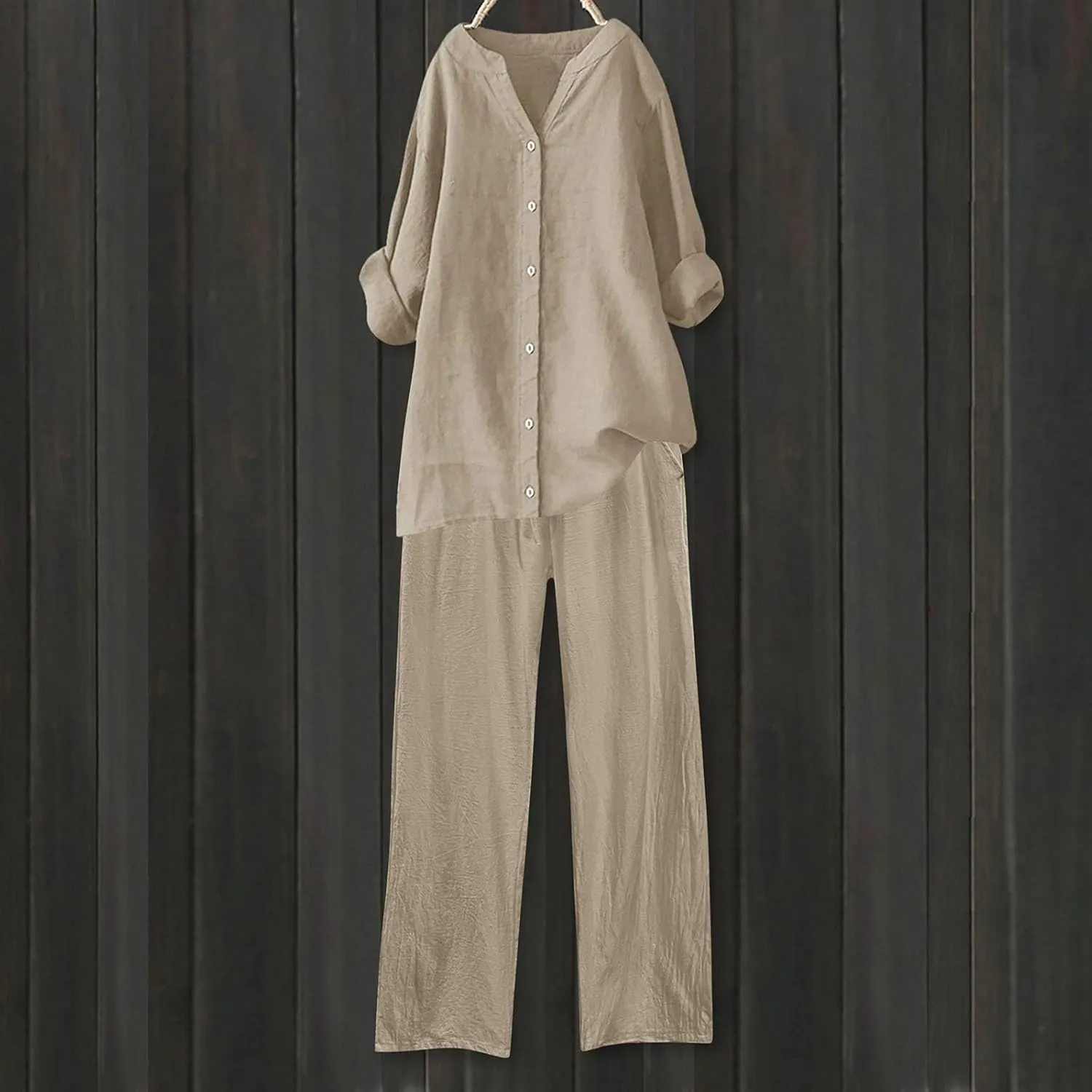 Linen Set for Women 2 Piece Trendy Summer Outfits Plus Size Short Sleeve Beach Tops Capri Pants Lounge Matching Sets