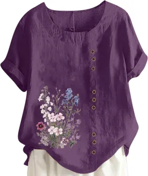 Linen Tops for Women Cute Floral Printed Shirts Crew Neck Short Sleeve Loose Fit Graphic Tees Summer Casual Blouses