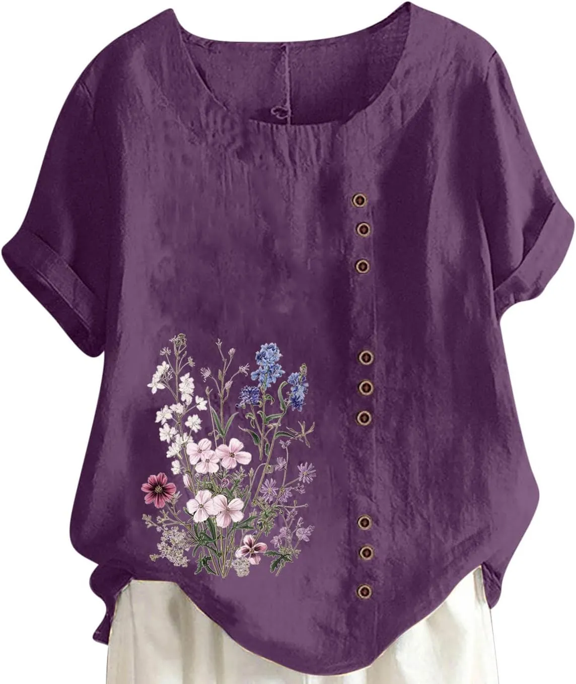Linen Tops for Women Cute Floral Printed Shirts Crew Neck Short Sleeve Loose Fit Graphic Tees Summer Casual Blouses
