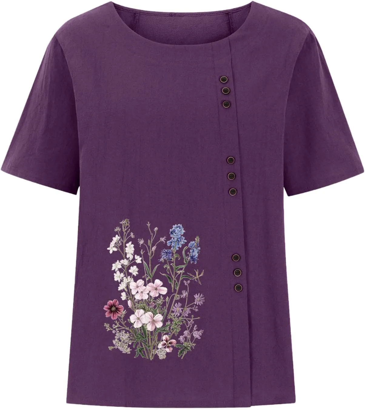 Linen Tops for Women Cute Floral Printed Shirts Crew Neck Short Sleeve Loose Fit Graphic Tees Summer Casual Blouses