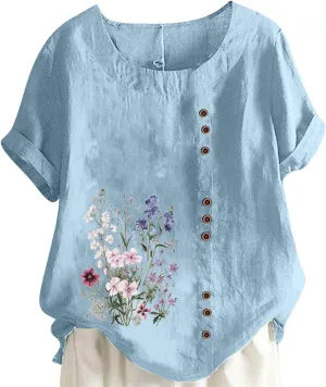Linen Tops for Women Cute Floral Printed Shirts Crew Neck Short Sleeve Loose Fit Graphic Tees Summer Casual Blouses