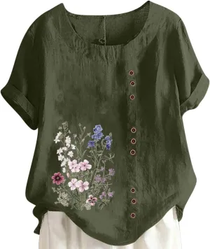 Linen Tops for Women Cute Floral Printed Shirts Crew Neck Short Sleeve Loose Fit Graphic Tees Summer Casual Blouses