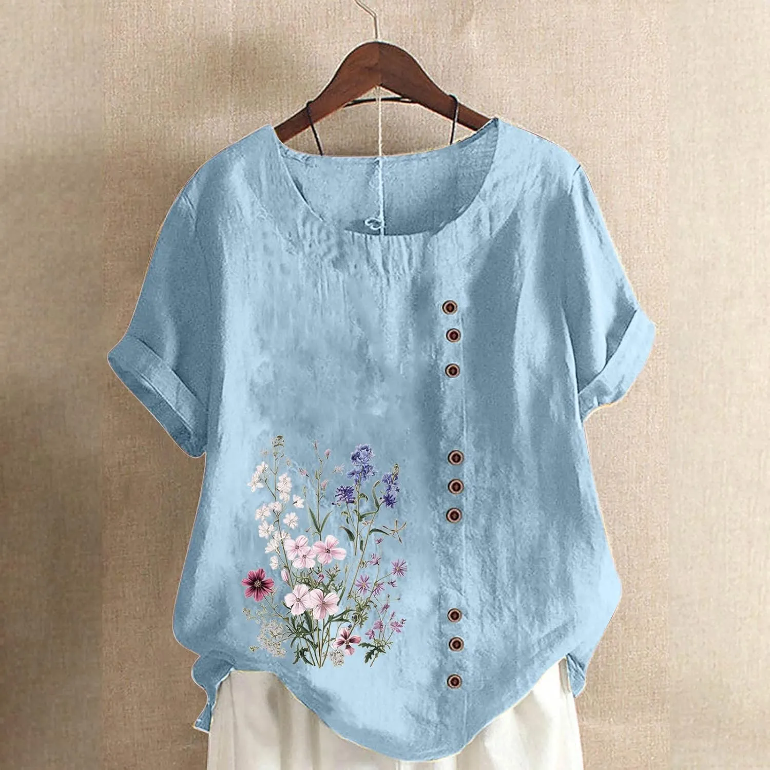 Linen Tops for Women Cute Floral Printed Shirts Crew Neck Short Sleeve Loose Fit Graphic Tees Summer Casual Blouses