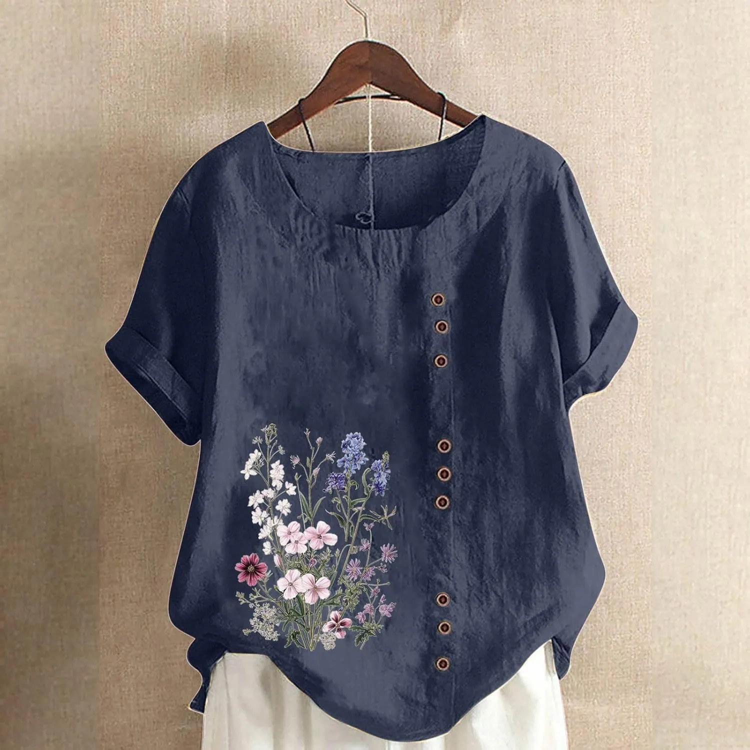 Linen Tops for Women Cute Floral Printed Shirts Crew Neck Short Sleeve Loose Fit Graphic Tees Summer Casual Blouses