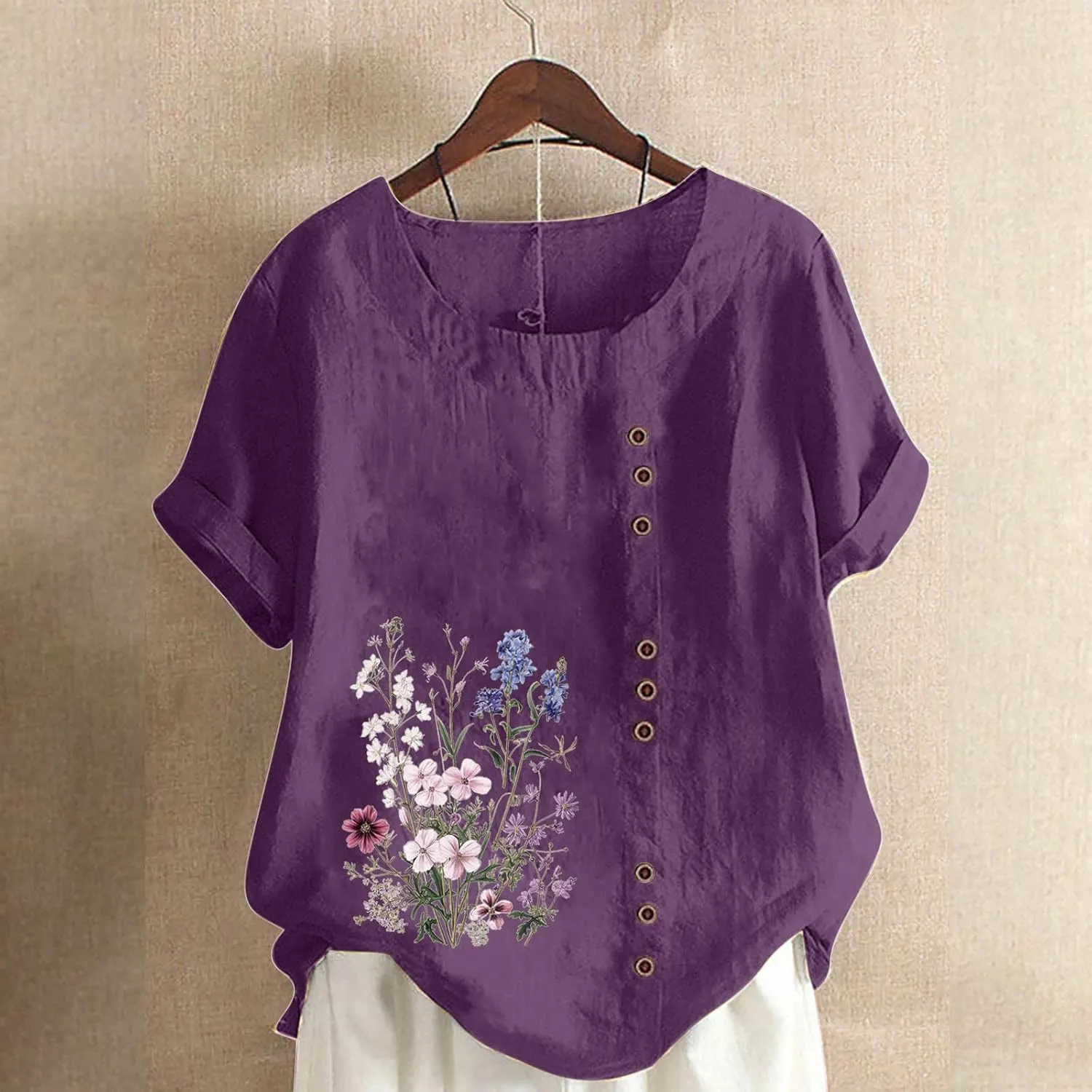 Linen Tops for Women Cute Floral Printed Shirts Crew Neck Short Sleeve Loose Fit Graphic Tees Summer Casual Blouses