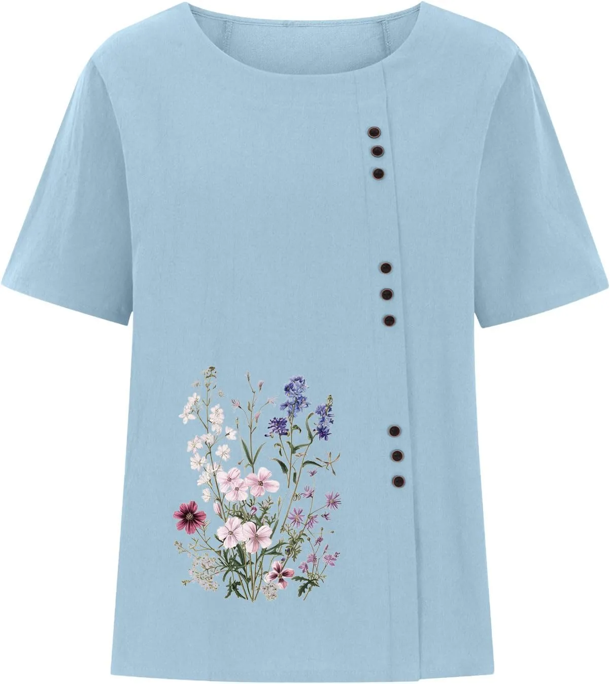 Linen Tops for Women Cute Floral Printed Shirts Crew Neck Short Sleeve Loose Fit Graphic Tees Summer Casual Blouses
