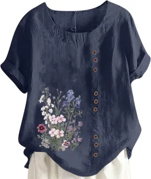 Linen Tops for Women Cute Floral Printed Shirts Crew Neck Short Sleeve Loose Fit Graphic Tees Summer Casual Blouses