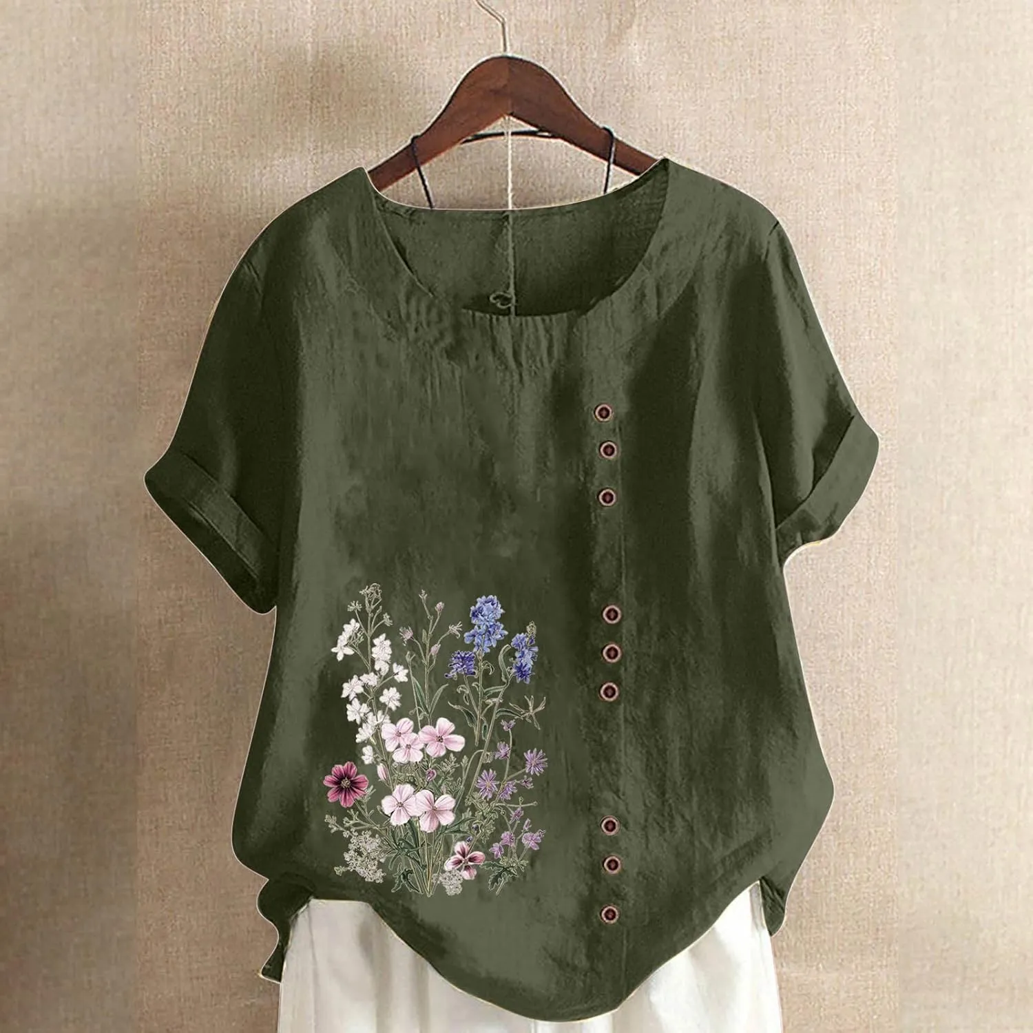 Linen Tops for Women Cute Floral Printed Shirts Crew Neck Short Sleeve Loose Fit Graphic Tees Summer Casual Blouses