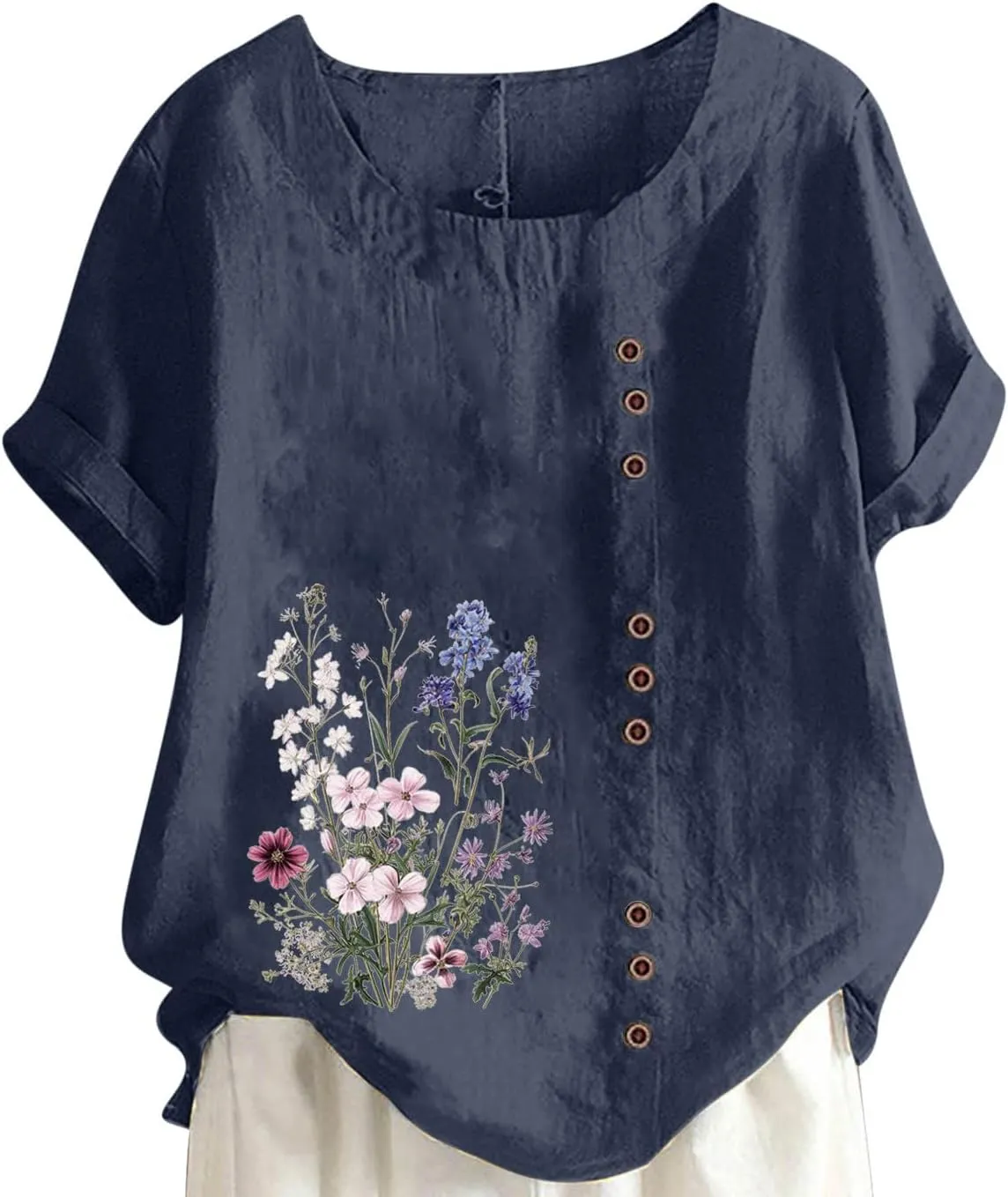 Linen Tops for Women Cute Floral Printed Shirts Crew Neck Short Sleeve Loose Fit Graphic Tees Summer Casual Blouses