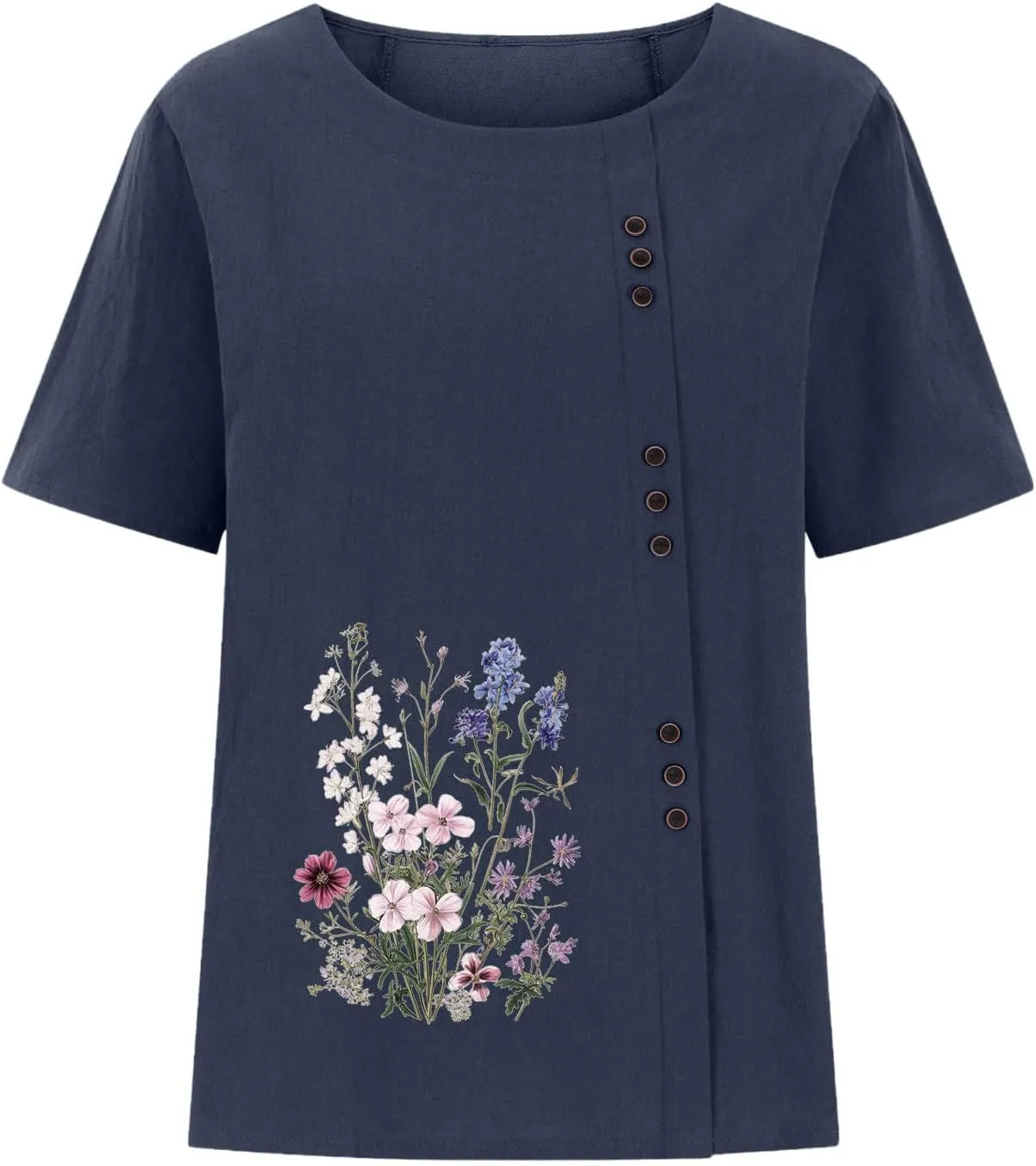 Linen Tops for Women Cute Floral Printed Shirts Crew Neck Short Sleeve Loose Fit Graphic Tees Summer Casual Blouses