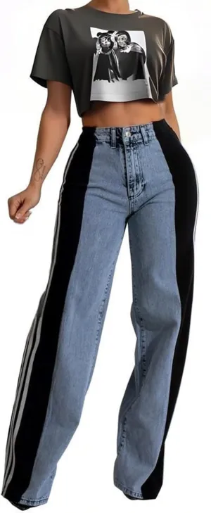 LONGBIDA Women's High Waisted Jeans Two Tone Stretchy Baggy Trendy Wide Leg Denim Pants