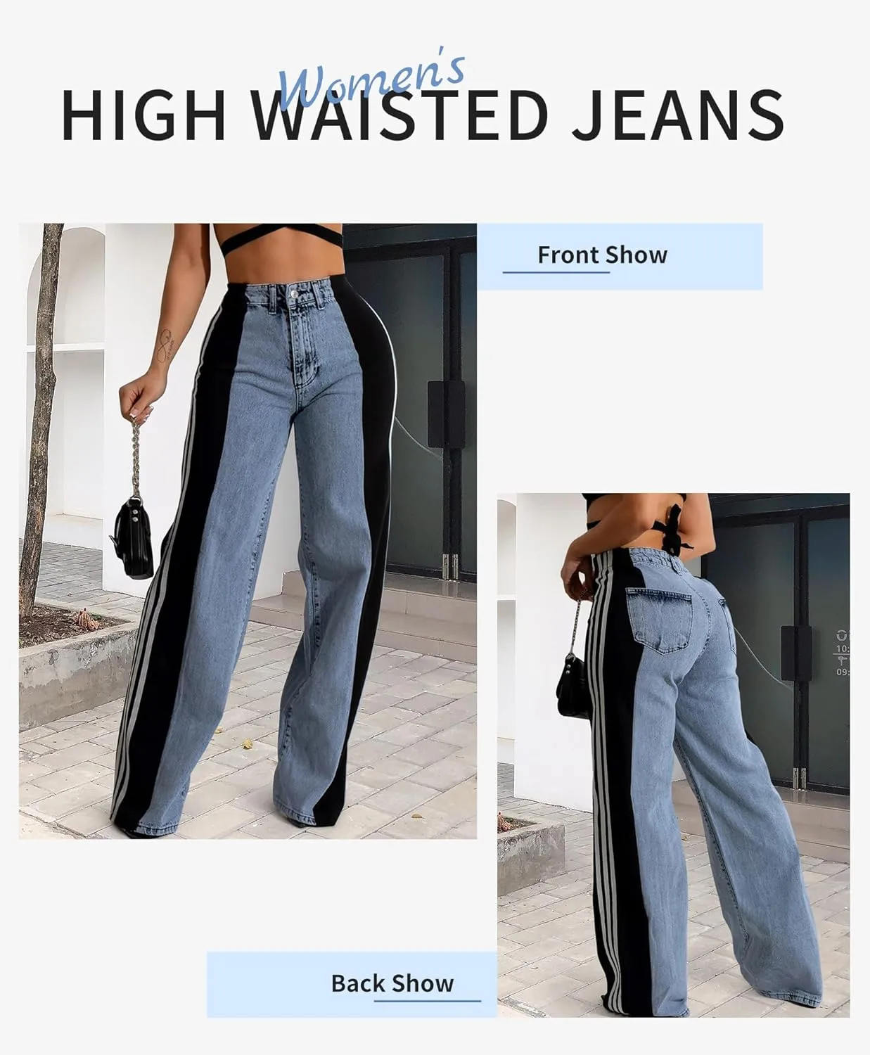 LONGBIDA Women's High Waisted Jeans Two Tone Stretchy Baggy Trendy Wide Leg Denim Pants