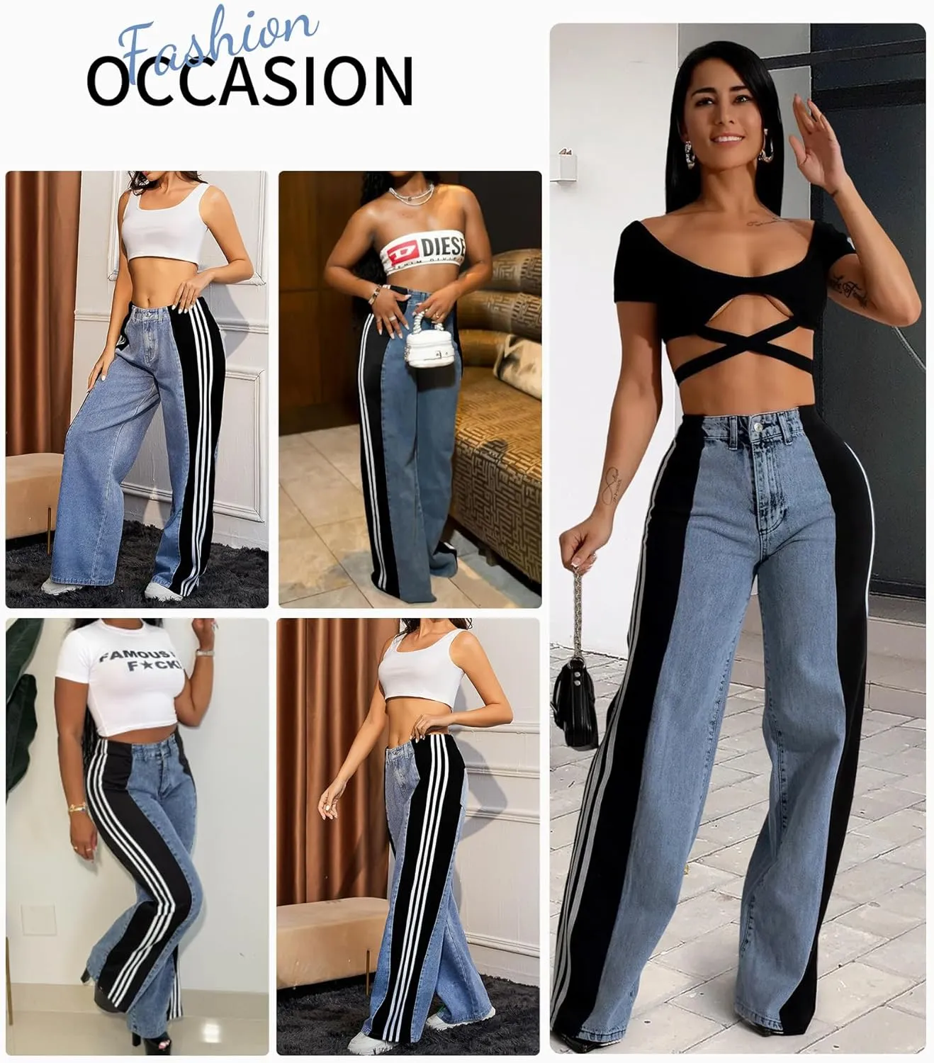 LONGBIDA Women's High Waisted Jeans Two Tone Stretchy Baggy Trendy Wide Leg Denim Pants