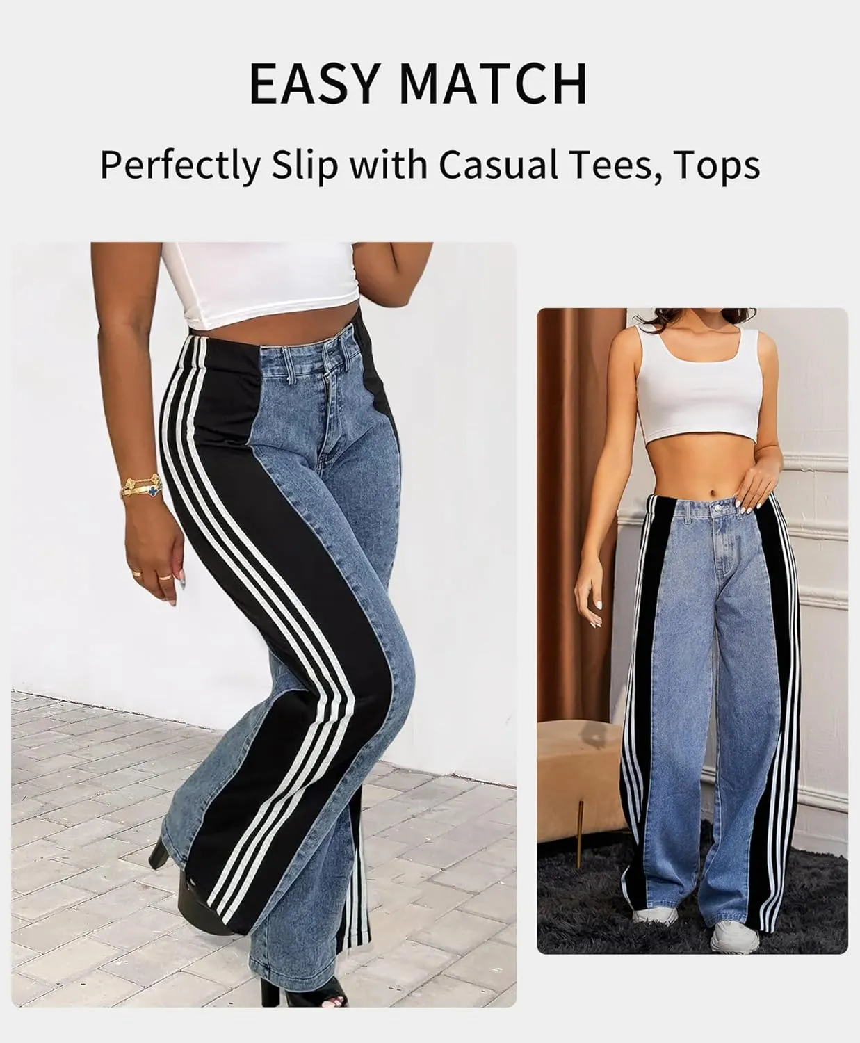 LONGBIDA Women's High Waisted Jeans Two Tone Stretchy Baggy Trendy Wide Leg Denim Pants