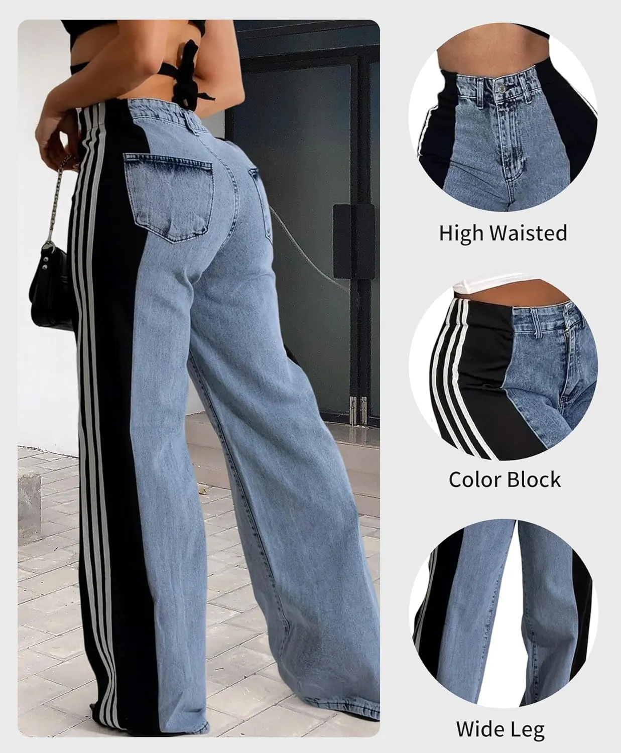 LONGBIDA Women's High Waisted Jeans Two Tone Stretchy Baggy Trendy Wide Leg Denim Pants