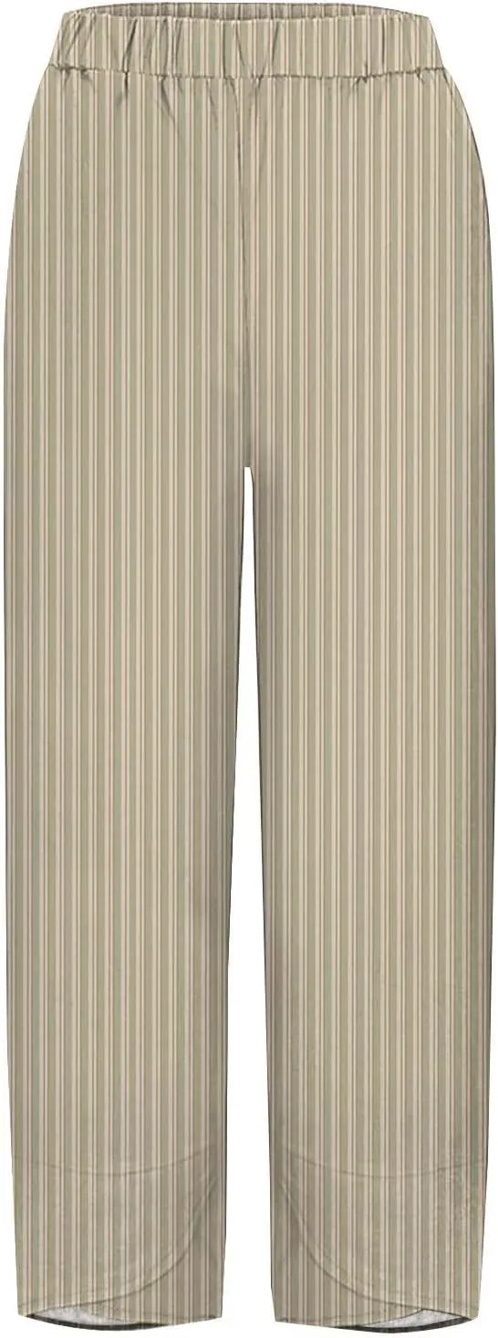 Loose Casual Capri Cotton Pants Women Casual Striped Linen Trousers High Waist Elastic Lounge Beach