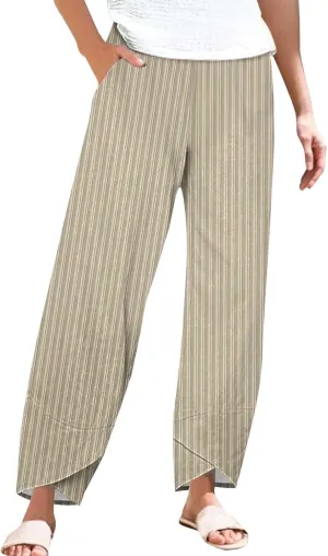 Loose Casual Capri Cotton Pants Women Casual Striped Linen Trousers High Waist Elastic Lounge Beach