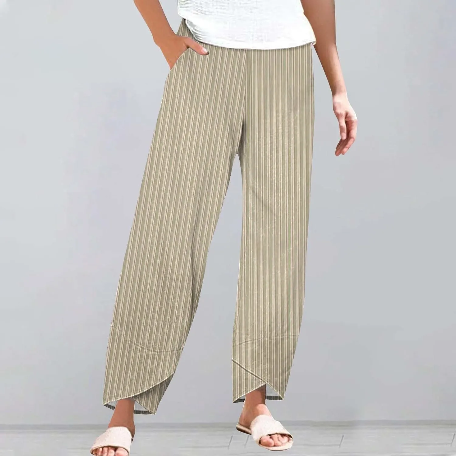 Loose Casual Capri Cotton Pants Women Casual Striped Linen Trousers High Waist Elastic Lounge Beach