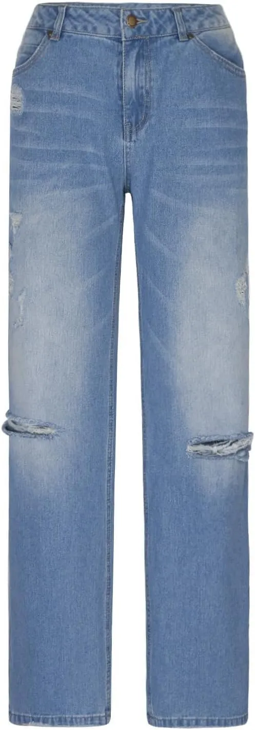 Low Rise Jeans for Woman Light Wash Baggy Straight Leg Jeans Plus Size Boyfriend Distressed Wide Leg Ripped Jean