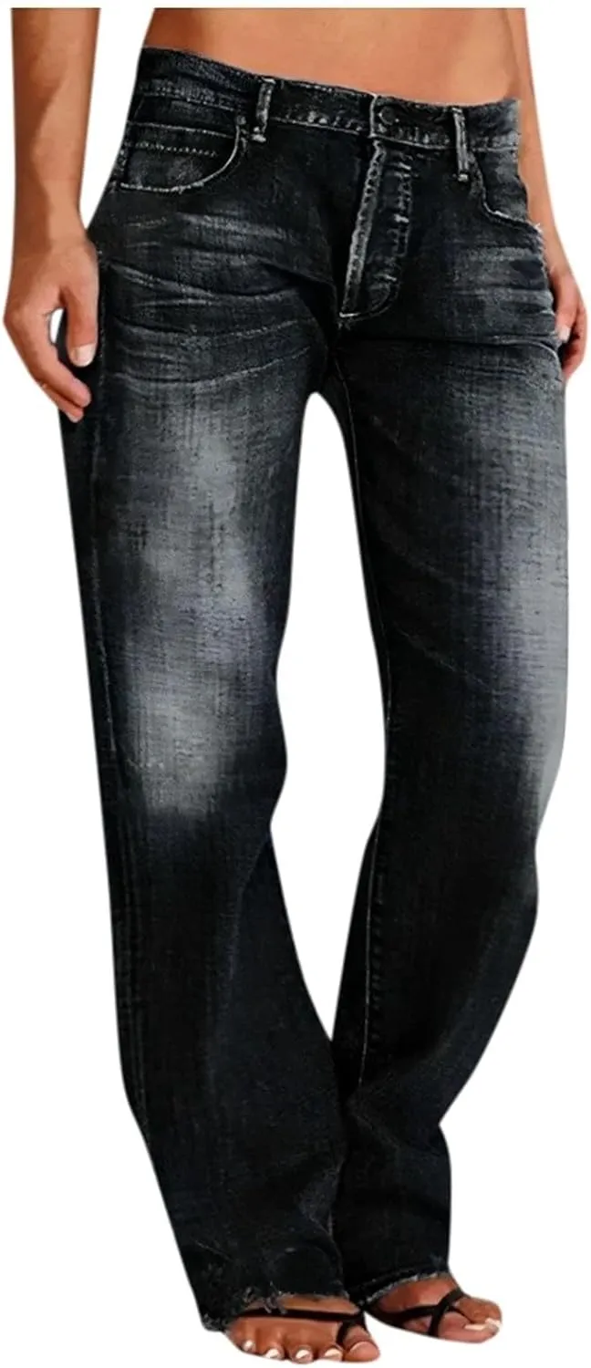 Low Rise Jeans for Woman Light Wash Baggy Straight Leg Jeans Plus Size Boyfriend Distressed Wide Leg Ripped Jean