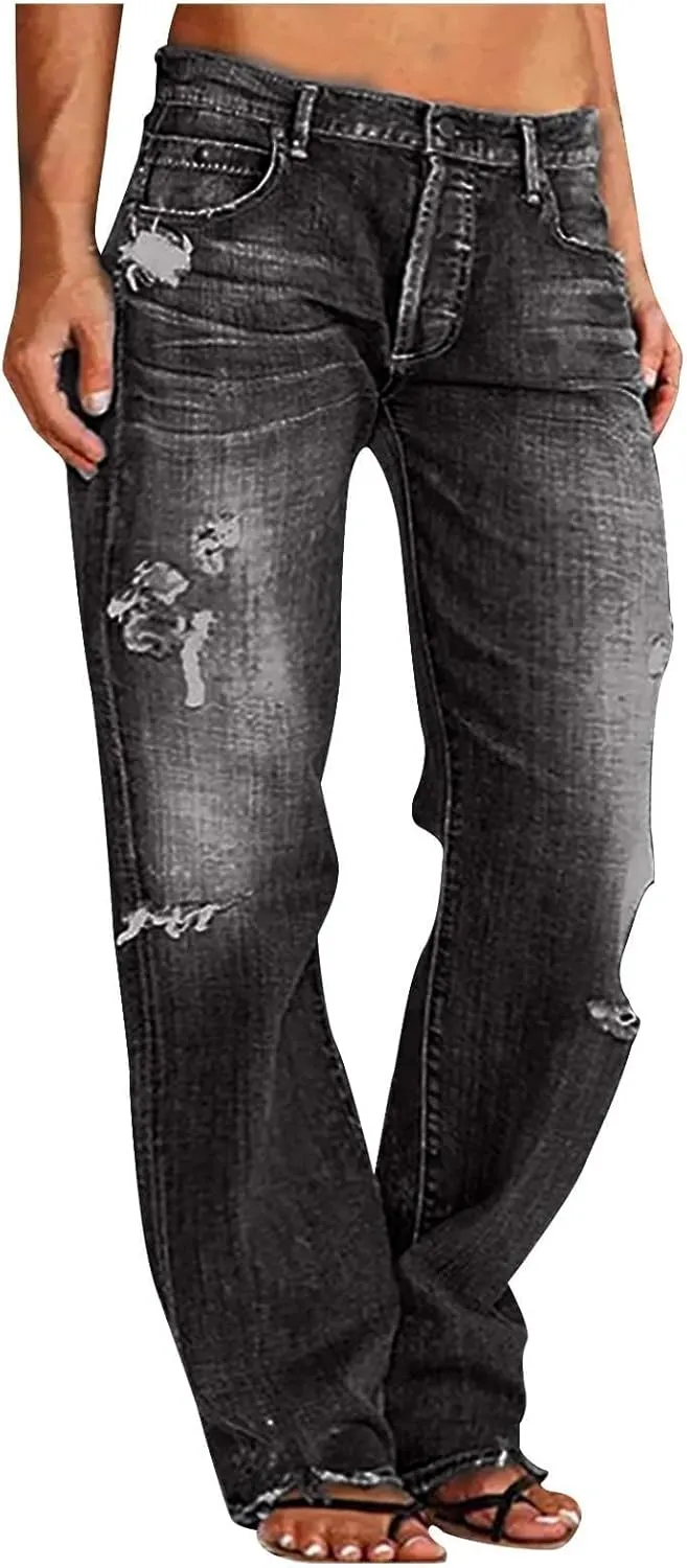 Low Rise Jeans for Woman Light Wash Baggy Straight Leg Jeans Plus Size Boyfriend Distressed Wide Leg Ripped Jean