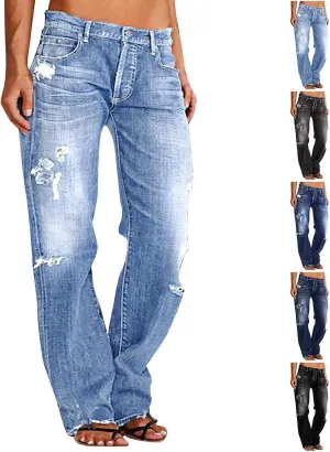 Low Rise Jeans for Woman Light Wash Baggy Straight Leg Jeans Plus Size Boyfriend Distressed Wide Leg Ripped Jean