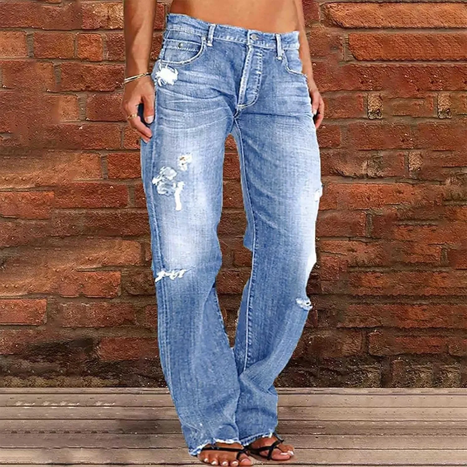 Low Rise Jeans for Woman Light Wash Baggy Straight Leg Jeans Plus Size Boyfriend Distressed Wide Leg Ripped Jean