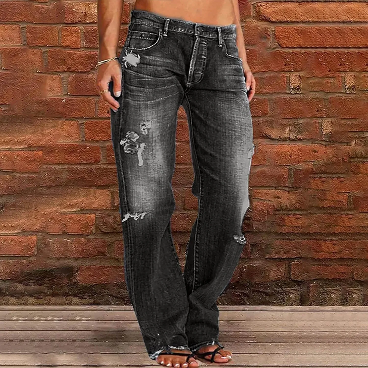 Low Rise Jeans for Woman Light Wash Baggy Straight Leg Jeans Plus Size Boyfriend Distressed Wide Leg Ripped Jean