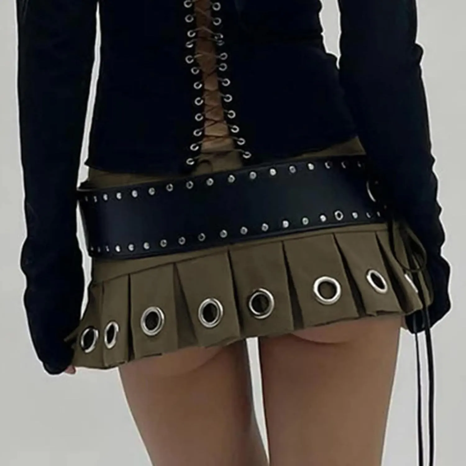 Low Waist Eyelet Pleated Mini Skirt Women Hot Sexy Tie Belt Cargo Skirts Vintage Street Clubwear Outfits