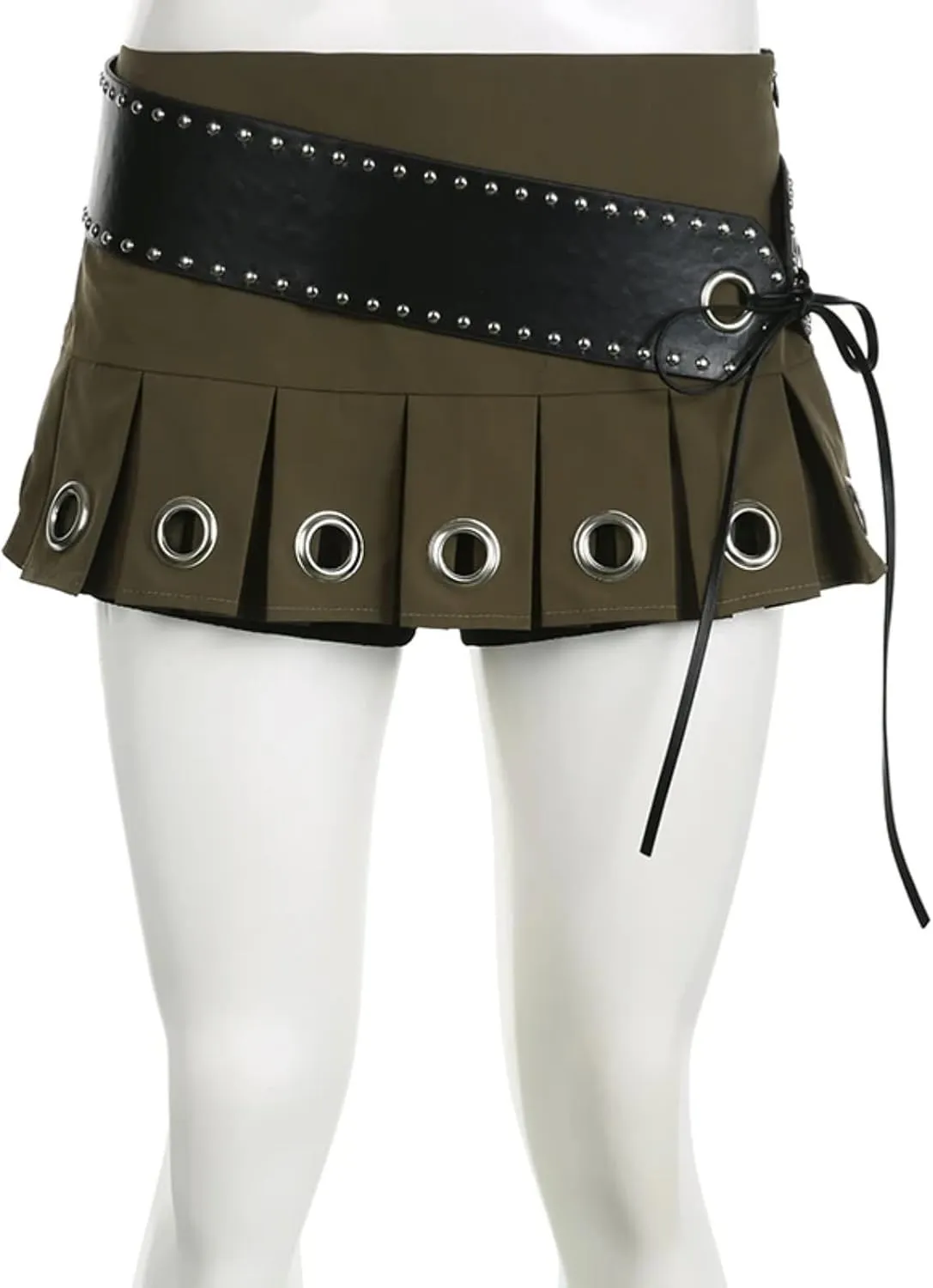 Low Waist Eyelet Pleated Mini Skirt Women Hot Sexy Tie Belt Cargo Skirts Vintage Street Clubwear Outfits