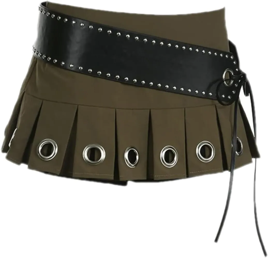 Low Waist Eyelet Pleated Mini Skirt Women Hot Sexy Tie Belt Cargo Skirts Vintage Street Clubwear Outfits