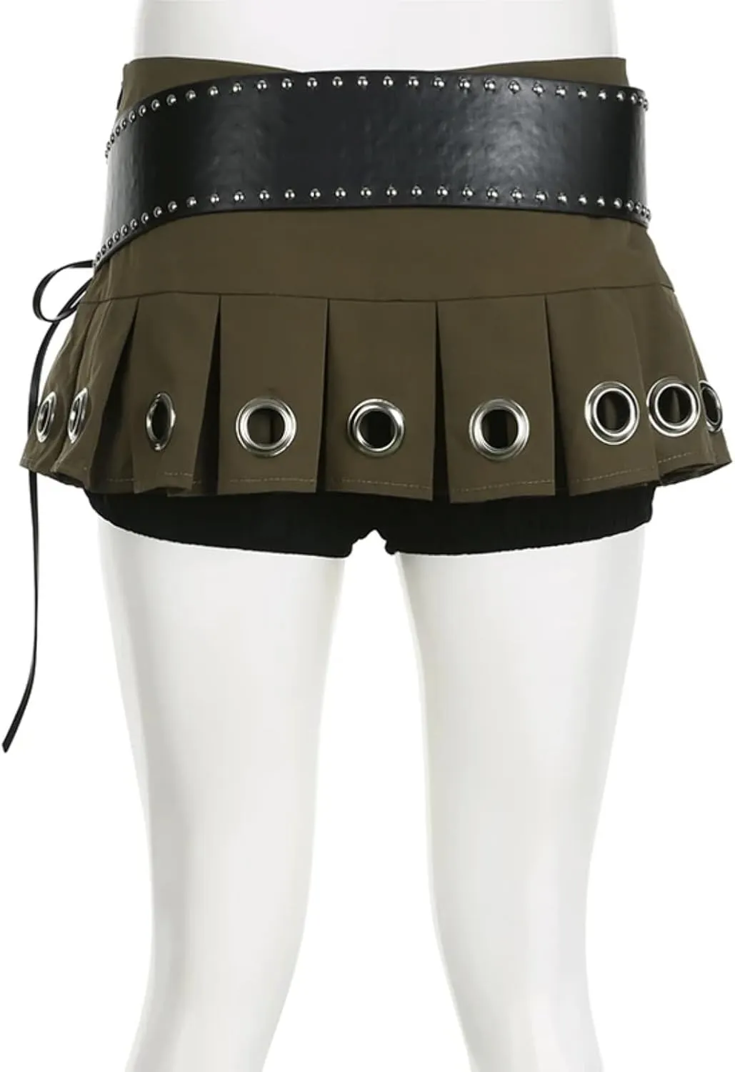 Low Waist Eyelet Pleated Mini Skirt Women Hot Sexy Tie Belt Cargo Skirts Vintage Street Clubwear Outfits