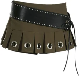 Low Waist Eyelet Pleated Mini Skirt Women Hot Sexy Tie Belt Cargo Skirts Vintage Street Clubwear Outfits
