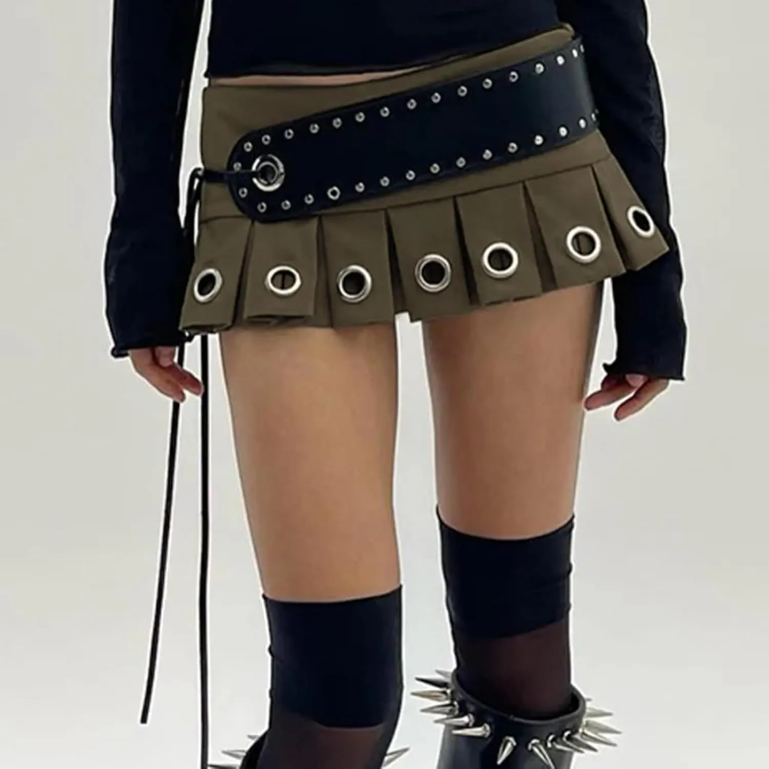Low Waist Eyelet Pleated Mini Skirt Women Hot Sexy Tie Belt Cargo Skirts Vintage Street Clubwear Outfits