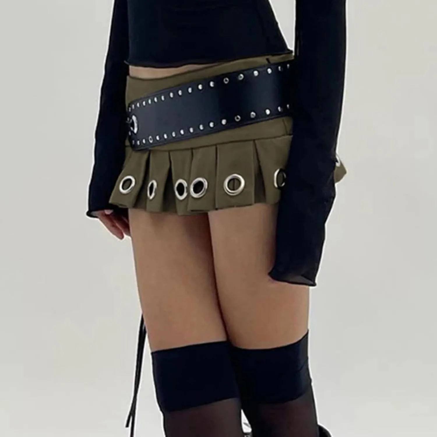 Low Waist Eyelet Pleated Mini Skirt Women Hot Sexy Tie Belt Cargo Skirts Vintage Street Clubwear Outfits