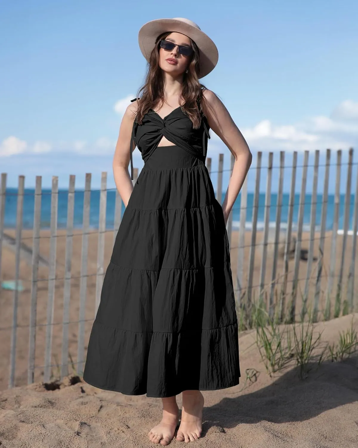 luvamia Long Flowy Dresses for Women Tiered Cut Out Midi Dress Self Tied Spaghetti Strap Summer Vacation Dinner Outfit