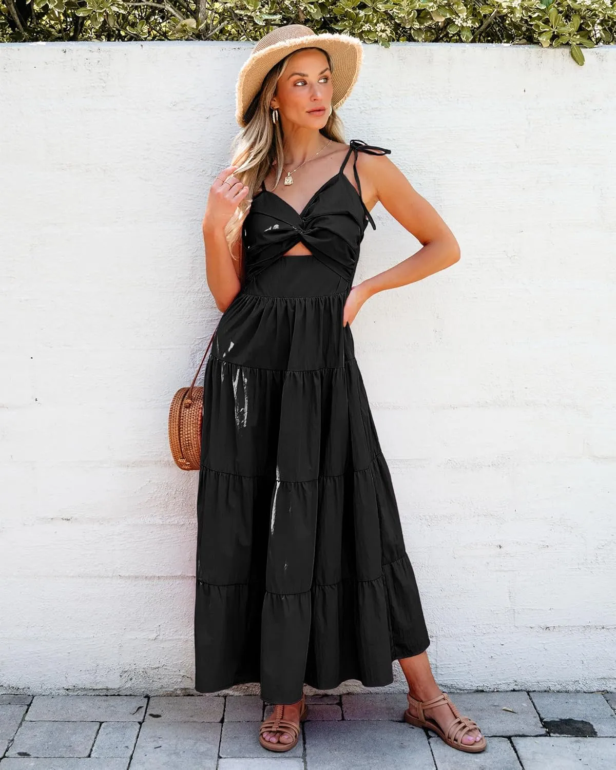 luvamia Long Flowy Dresses for Women Tiered Cut Out Midi Dress Self Tied Spaghetti Strap Summer Vacation Dinner Outfit