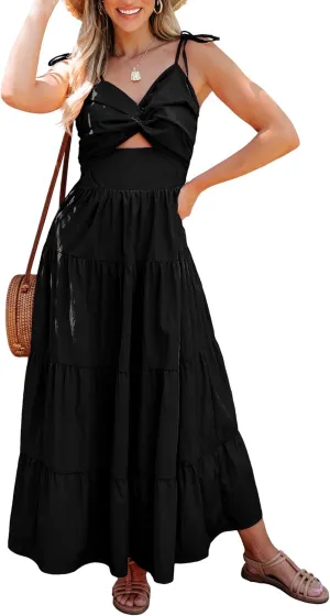 luvamia Long Flowy Dresses for Women Tiered Cut Out Midi Dress Self Tied Spaghetti Strap Summer Vacation Dinner Outfit