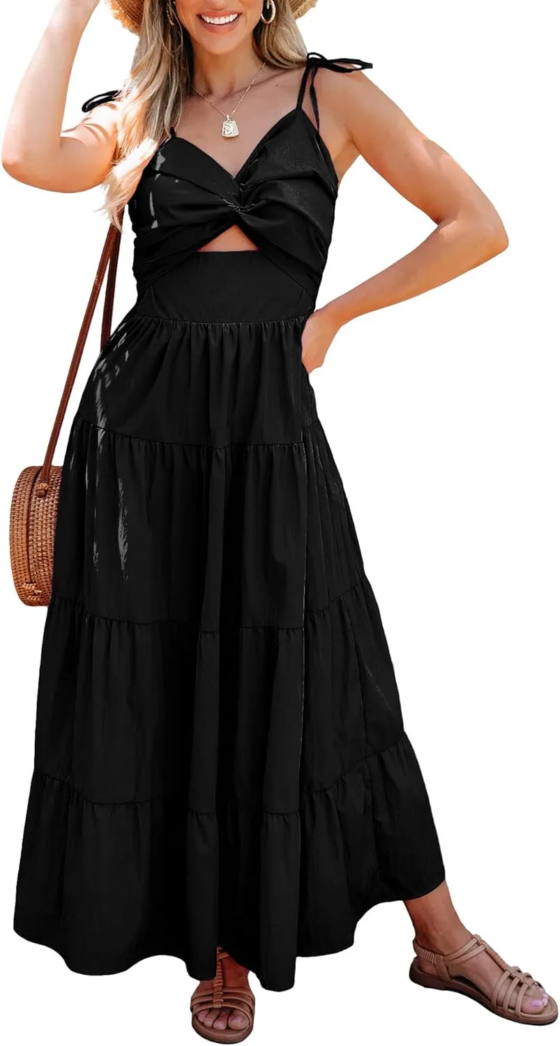 luvamia Long Flowy Dresses for Women Tiered Cut Out Midi Dress Self Tied Spaghetti Strap Summer Vacation Dinner Outfit